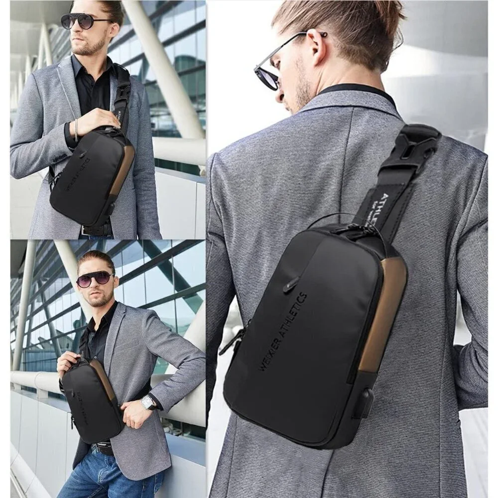 💫 Men Black Crossbody Bag Sling Waterproof USB Charging Port Headphone Backpack